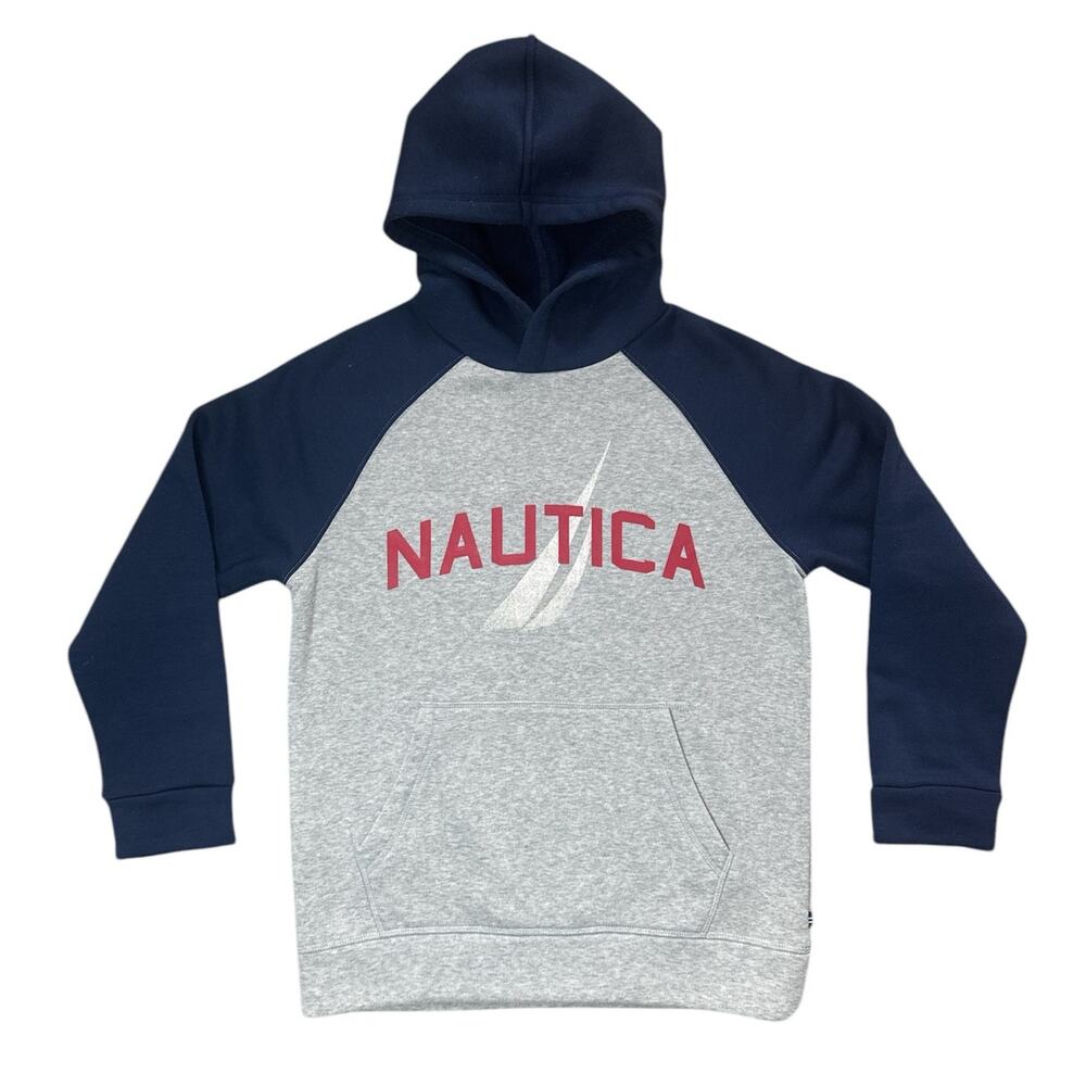 NAUTICA Boy's Large (14/16) Logo‎ Graphic Pullover Hoodie Fleece Gray/Blue